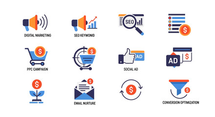 Fototapeta premium Digital Marketing Icons: SEO, PPC, Social Media, Email, Conversion Optimization