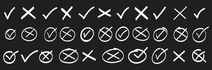 Hand drawn check and cross icons set in circle and square outline checklist marks vector illustration. Check tick mark icon set. Cross box x check mark checkbox v list vector draw hand drawn sketch © top3