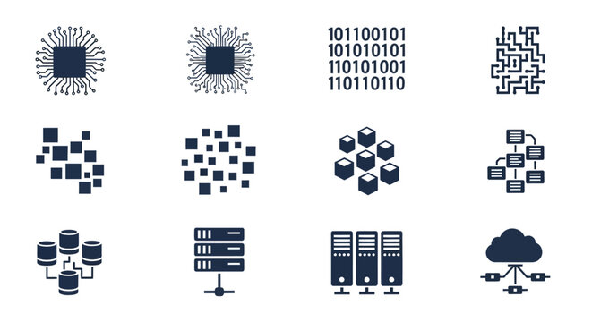 Digital Technology Icons: Data, Network, Server, Cloud, AI, Binary Code