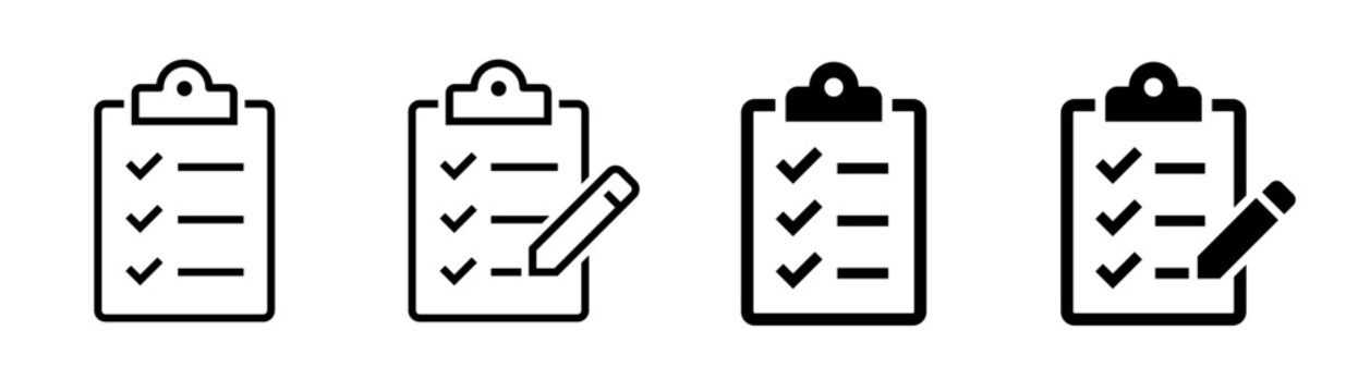 Clipboard icon set. Checklist, checkmark, document, paper, test, tasks, checkbox, clip board symbol on white background - stock vector.