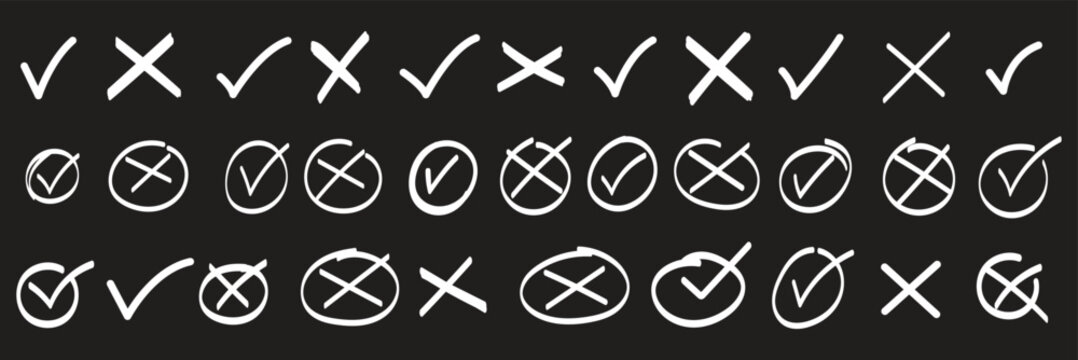 Hand drawn check and cross icons set in circle and square outline checklist marks vector illustration. Check tick mark icon set. Cross box x check mark checkbox v list vector draw hand drawn sketch