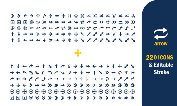 Set of 220 black vector arrow icons with editable stroke for web design
