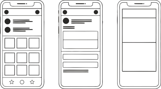 Mobile app wireframe kit with three smartphone screens showing U I layouts and UI UX user interface