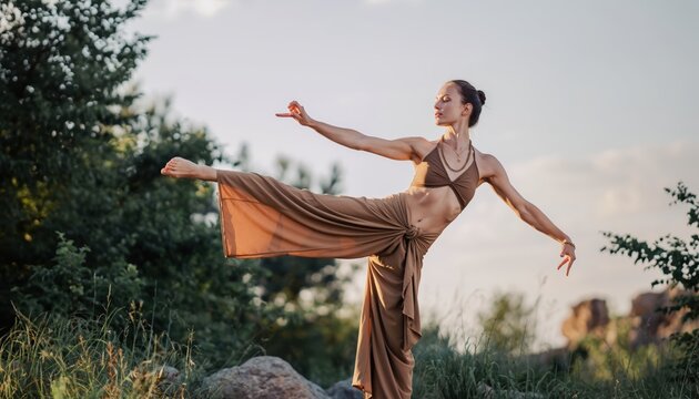 Graceful ballerina performs a dynamic dance pose outdoors amidst nature.