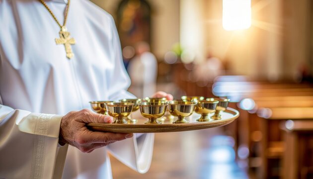 Priest holding tray of communion cups in church.