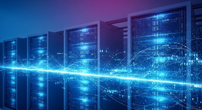 Server room with data flow visualization digital network connection concept