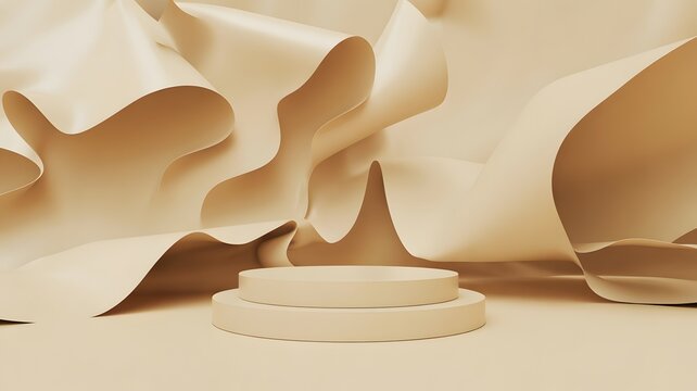 abstract beige forms with cylindrical pedestal rendering sculpture minimalist art modern