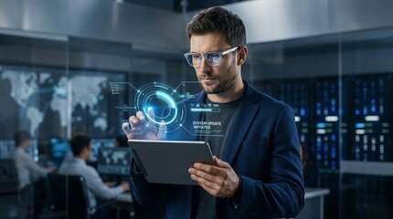 Fototapeta premium Professional IT specialist monitors a system update on his digital tablet in a high-tech data center environment.