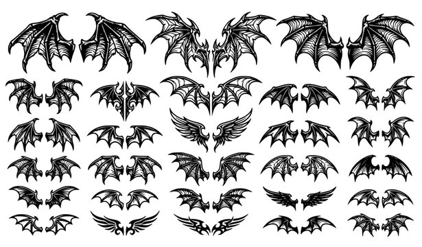 Devil bat wings line art vector illustration set