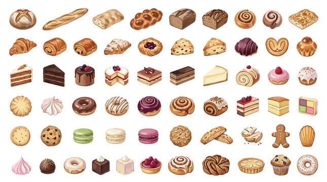A large collection of delicious baked goods and pastries, including bread, cakes, cookies, and donuts, presented in a vibrant illustration.