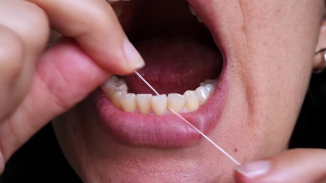 Close-up of a person flossing their teeth with dental floss