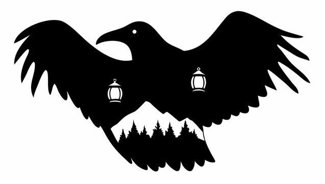 Giant raven silhouette carrying lanterns flying over trees at dusk with mountains in background mystical atmosphere