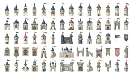 Collection of Watercolor Castles and Towers with Flags. © Eza