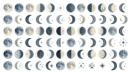 Collection of Moon Phases with Stars and Celestial Elements in a Watercolor Style. © Eza