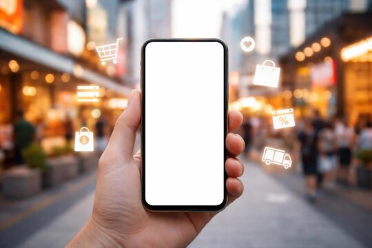 Smartphone mostrando una pantalla en blanco de una aplicaci&oacute;n de compras, sostenido al aire libre en un entorno urbano: concepto de comercio digital omnipresente