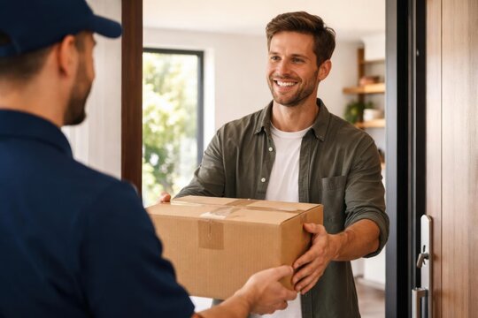Hombre sonriente recibe un paquete en la puerta de su casa, en un entorno residencial moderno