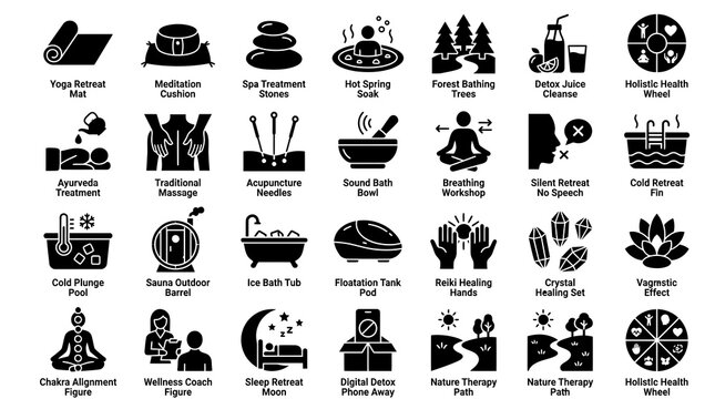 A diverse collection of modern vector line icons representing holistic wellness, spa treatments, and self-care activities, perfect for Travel & Adventure themed health guides and digital content