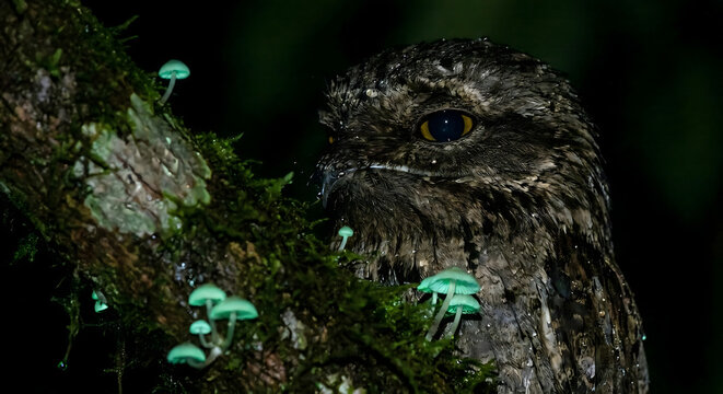 Primer plano de un p&aacute;jaro nocturno chotacabras posado en una rama musgosa con hongos fluorescentes verdes brillantes en la noche