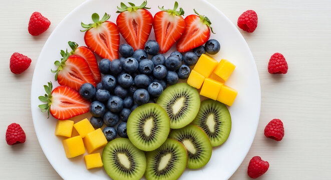 Plate of colorful seasonal spring fruit on a table