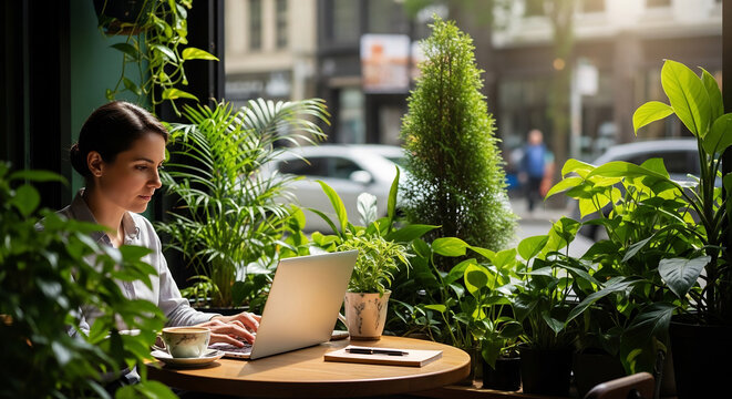 Professional working on a laptop in a sustainable outdoor cafe