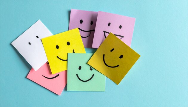 Colorful sticky notes with cheerful smiley faces on light blue background