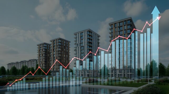 bar graph with upward trend over cityscape photo buildings skyline growth