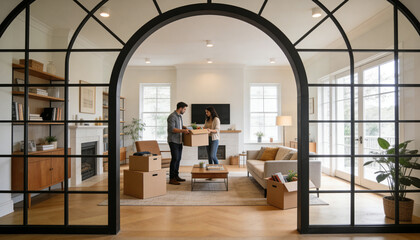 Naklejka premium Unpacking couple passing cardboard boxes in bright living room, wearing jeans and sweaters