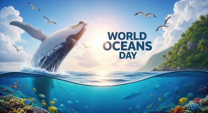 Majestic whale breaching ocean surface near tropical island background for world oceans day nature conservation awareness