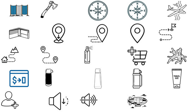 Travel and Outdoor Adventure 2 Mixed vector icon set bundle featuring navigation map pins, camping thermos flasks, compasses, hatchet, zeppelin, luggage toiletries, and vacation adventure elements.
