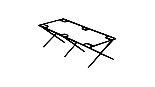 Camping folding cot line icon vector illustration for outdoor travel adventure gear catalogs and minimalist bed furniture design elements suitable for hiking and backpacking mobile applications.