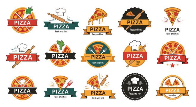 Extensive collection of pizza restaurant logo templates and badges featuring vintage and modern designs with various icons.