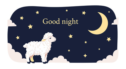 Fototapeta premium Cute bedtime illustration with a white sheep standing under a crescent moon and stars with clouds on a dark night sky background.
