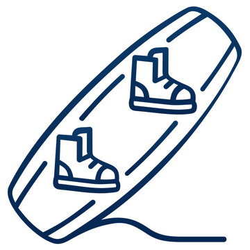 Modern wakeboard with secure foot bindings for competitive water sports, wakeboarding gear vector icon illustration isolated on white background, minimalist flat design for aquatic leisure.