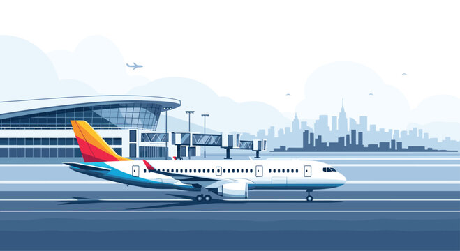 Flat vector illustration of a large passenger airplane parked on an airport runway with a blurred city skyline in the background.