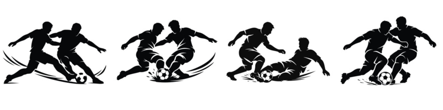 Vector silhouette of a soccer player taking the ball from an opponent. Vector, illustration, minimalist, flat, icon, icon set
