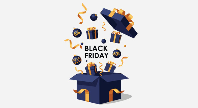 Black Friday promotional illustration with gift boxes ornaments and ribbons popping out of an open blue box on a light background.