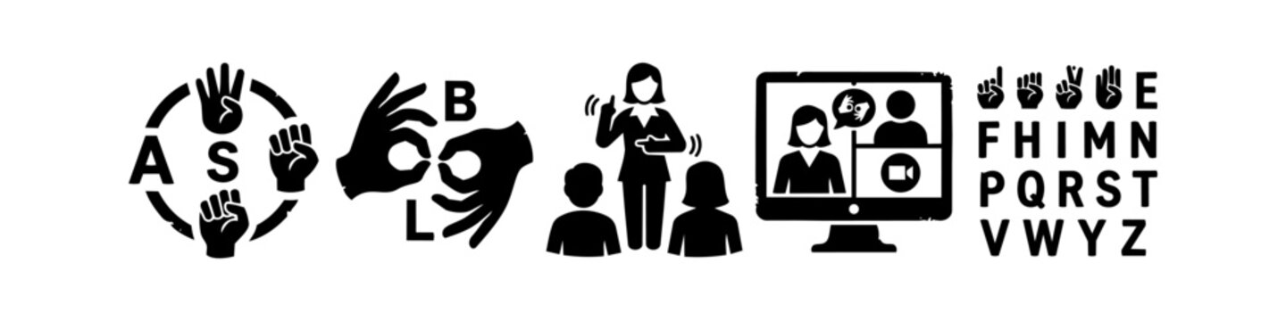 ASL Sign Language Communication Distressed Silhouette Icon Set