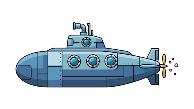 Side view illustration of a classic blue research submarine with portholes and a golden propeller moving through the deep ocean.