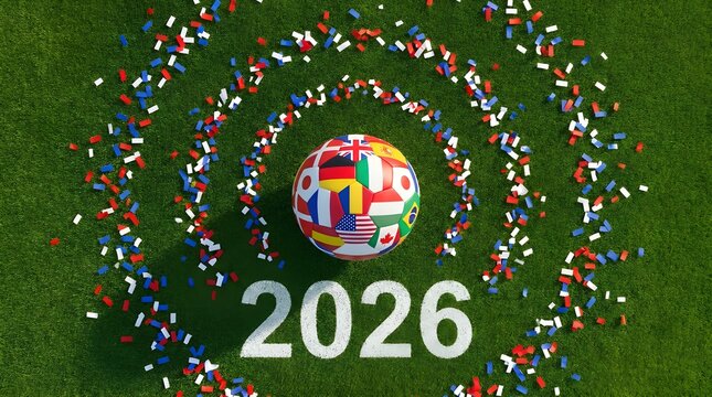 FIFA world cup 2026 soccer ball with world flags and 2026 tournament typography