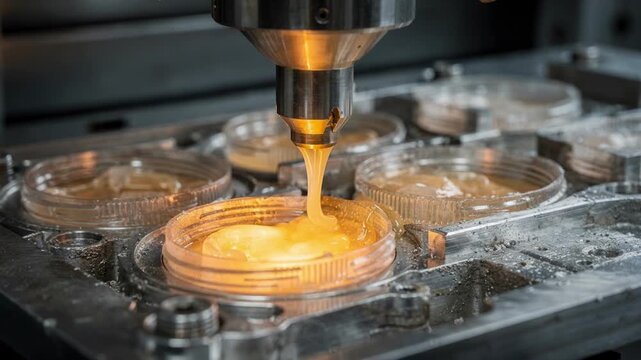 Closeup medium shot of molten highdensity polyethylene being injected into detailed molds shaping robust and flexible plastic closures