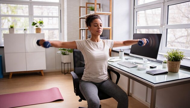 Doing seated lateral raises, woman in light tee, grey leggings using blue dumbbells in home office