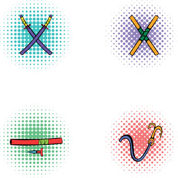 Martial arts tools artwork including katana, nunchaku, blowgun, and grappling hook