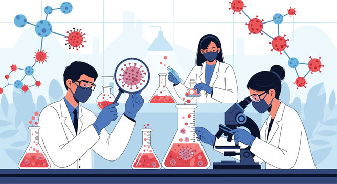 Group of professional scientists working in a modern laboratory analyzing virus samples using microscopes and various glass flasks.