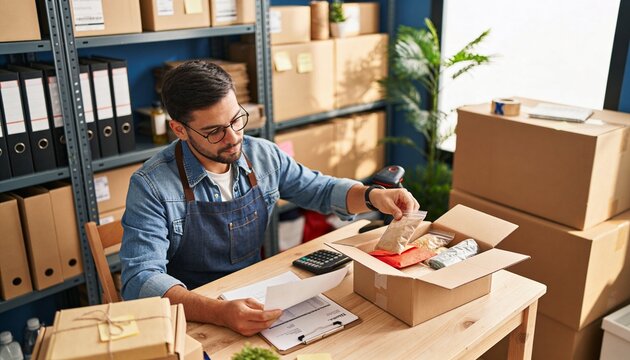 Packing packer with glasses denim shirt dark apron wrapping items at worktable, with open box