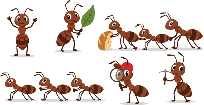 Cute ant colony vector bundle showing teamwork with insects marching carrying bread and working together graphic element.