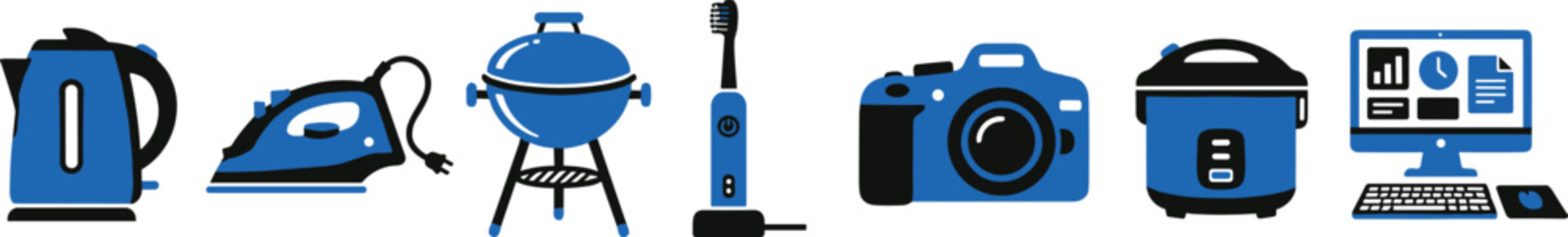 Personal care and kitchen electronics icons for kettle iron grill toothbrush camera rice cooker and computer.