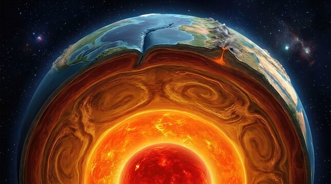 Earth's intricate internal structure, revealing its layered composition, glowing molten core, dynamic mantle, solid crust, active volcano, subduction zone, cosmic background, planetary geology.