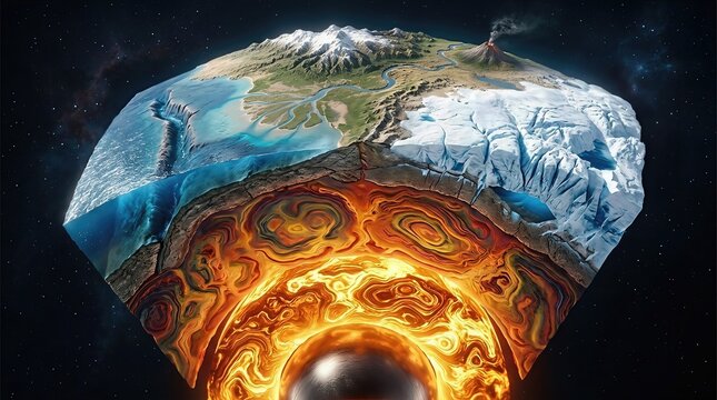 Earth, showing internal layer, planetary structure, molten core, magma mantle, tectonic crust, diverse geosphere, solid inner sphere, outer liquid, ocean water, land mass, glacier ice.