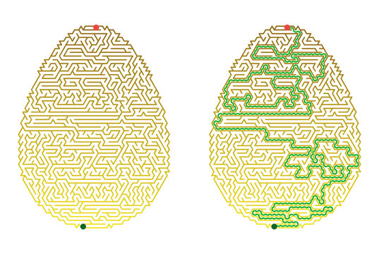 Egg shaped maze puzzle with solution. Easter labyrinth activity worksheet for kids. Yellow and gold design on transparent background