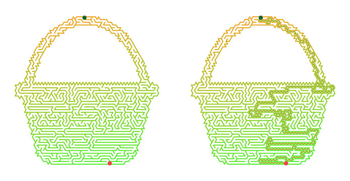 Easter basket maze worksheet vector. Solved and unsolved labyrinth puzzle game for kids. Educational activity with green path solution on transparent background
